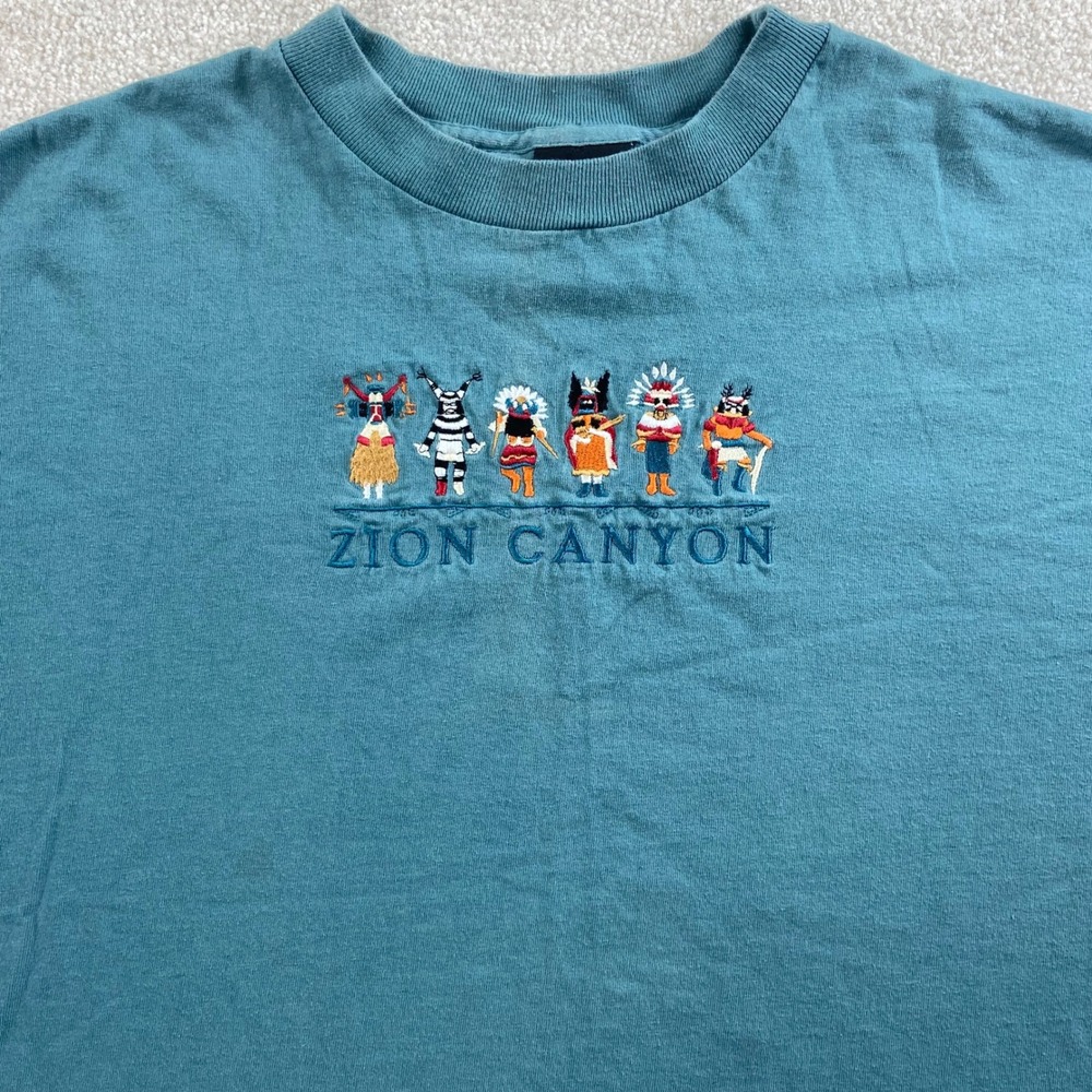 Vtg Zion Canyon T Shirt Mens XL Teal Blue Embroidered Kachina Made In USA